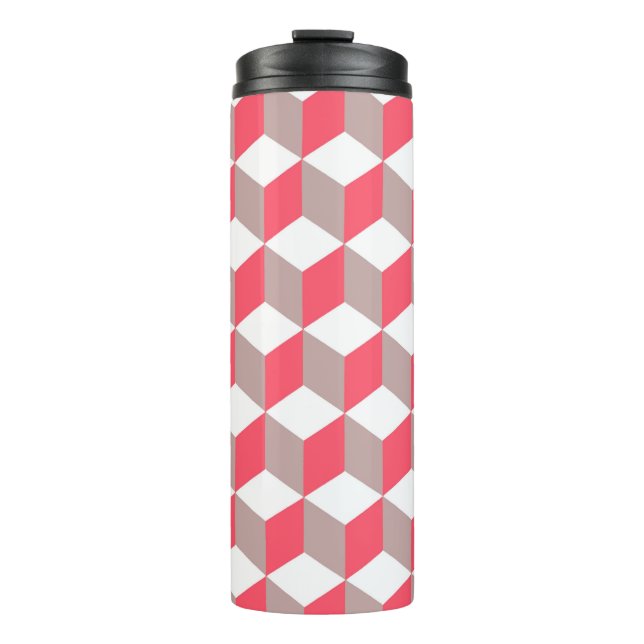 Poppy and Soft Grey Isometric Cube Pattern Thermal Tumbler (Front)