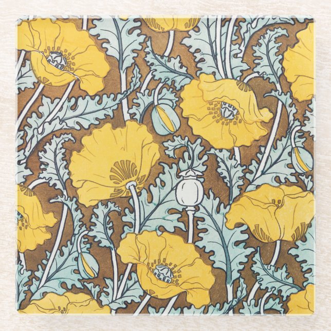 poppy art illustration yellow flower glass coaster (Front)