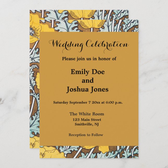 poppy art illustration yellow flower invitation (Front/Back)