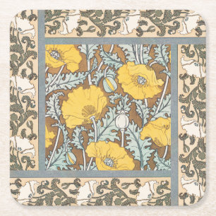poppy art illustration yellow flower square paper coaster