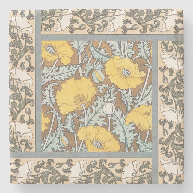 poppy art illustration yellow flower stone coaster (Front)