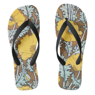Poppy Art Nouveau Illustration Yellow Flower Jandals