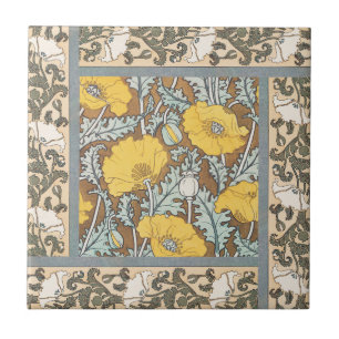 Poppy Art Nouveau Illustration Yellow Flower Tile