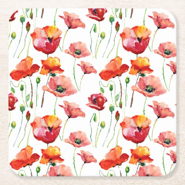 Poppy Blossom: Simple Seamless Background. Square Paper Coaster (Front)