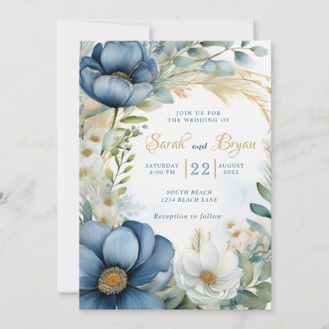 Poppy Blue White Floral Boho Wedding Invitation (Front)