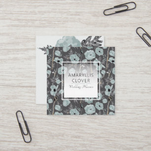 Poppy Charcoal Blue Grey Black Watercolor Floral Square Business Card
