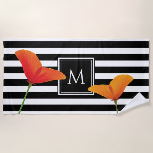 Poppy Chic Black Stripes Monogram Beach Towel