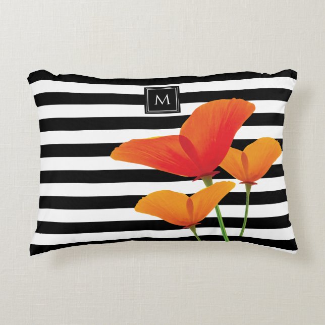 Poppy Chic Black Stripes Monogram Decorative Cushion (Front)