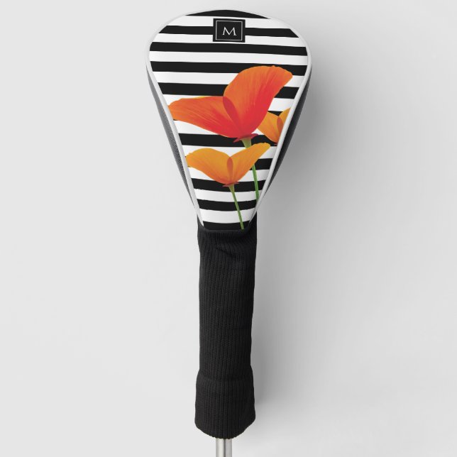 Poppy Chic Black Stripes Monogram Golf Head Cover (Front)
