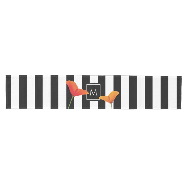 Poppy Chic Black Stripes Monogram Medium Table Runner (Horizontal)