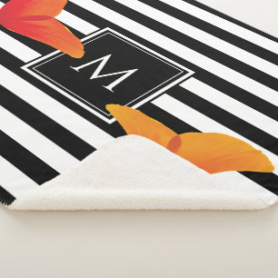 Poppy Chic Black Stripes Monogram Sherpa Blanket