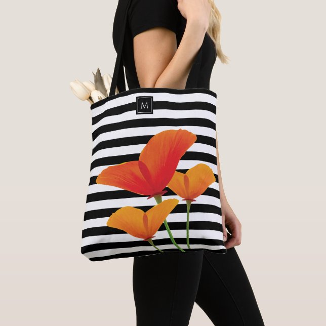 Poppy Chic Black Stripes Monogram Tote Bag (Close Up)