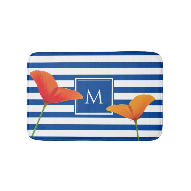 Poppy Chic Blue Stripes Monogram Bath Mat (Front)