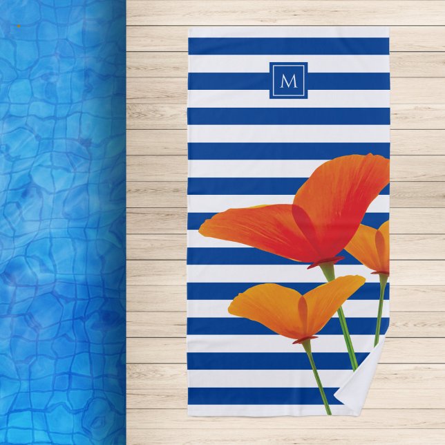 Poppy Chic Blue Stripes Monogram Beach Towel (Creator Uploaded)