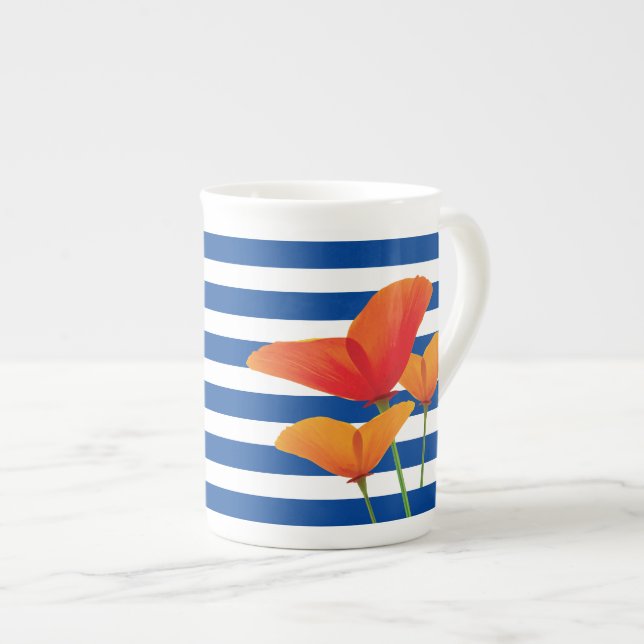 Poppy Chic Blue Stripes Monogram Bone China Mug (Front Right)