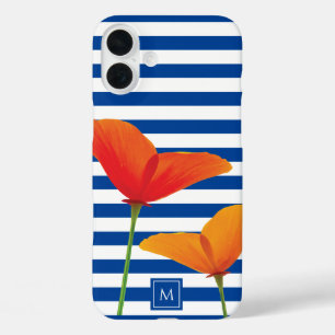 Poppy Chic Blue Stripes Monogram iPhone 16 Plus Case