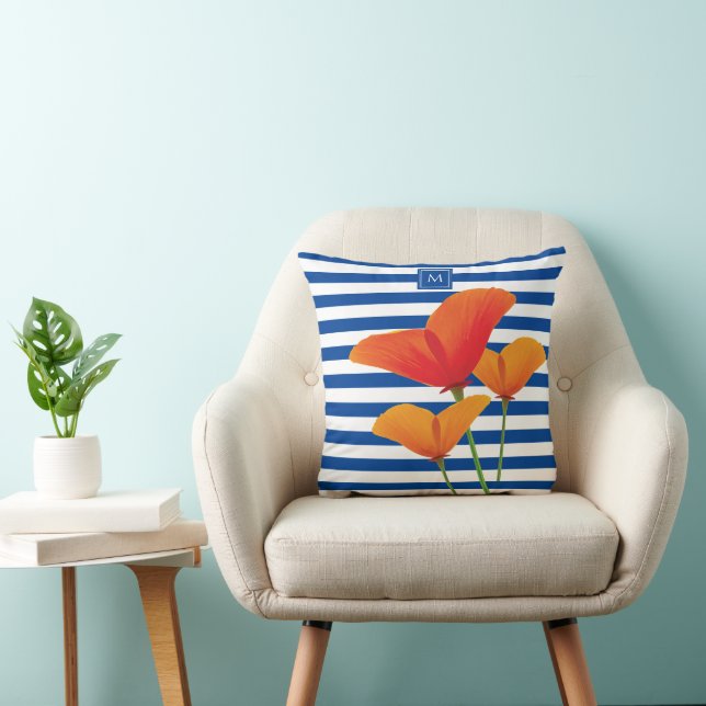 Poppy Chic Blue Stripes Monogram Cushion (Chair)