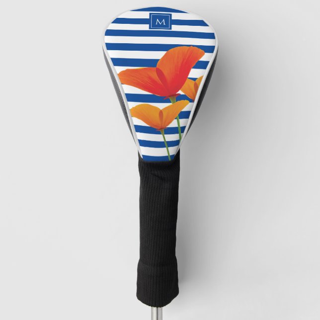 Poppy Chic Blue Stripes Monogram Golf Head Cover (Front)