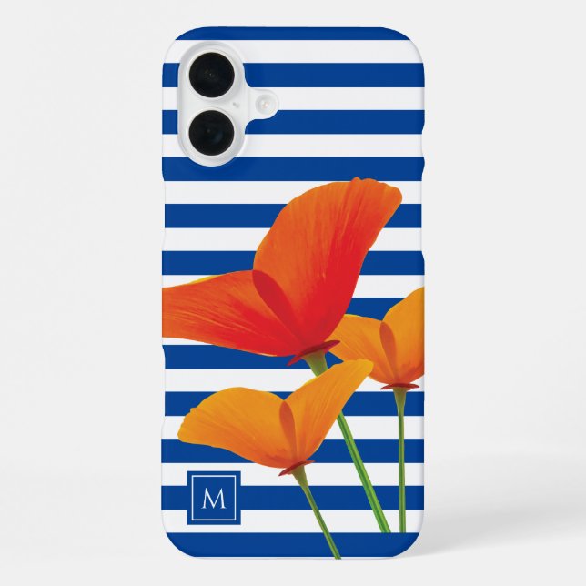 Poppy Chic Blue Stripes Monogram iPhone Case (Back)