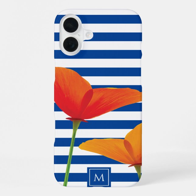 Poppy Chic Blue Stripes Monogram iPhone Case (Back)