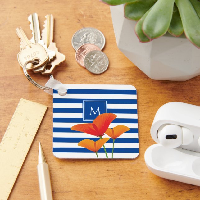 Poppy Chic Blue Stripes Monogram Key Ring (Desk)