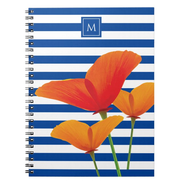 Poppy Chic Blue Stripes Monogram Notebook (Front)