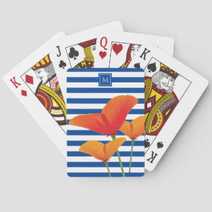 Poppy Chic Blue Stripes Monogram Playing Cards