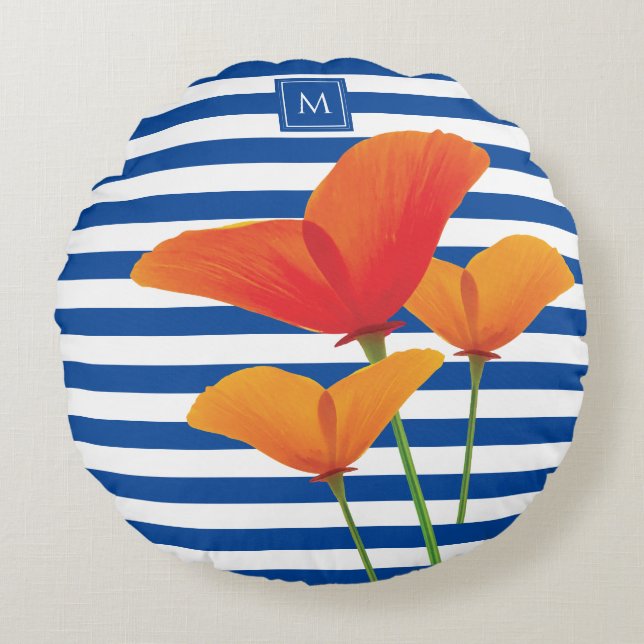 Poppy Chic Blue Stripes Monogram Round Cushion (Front)