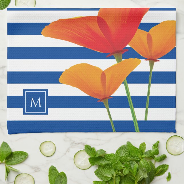 Poppy Chic Blue Stripes Monogram Tea Towel (Folded)