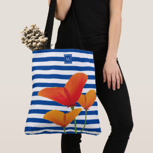 Poppy Chic Blue Stripes Monogram Tote Bag