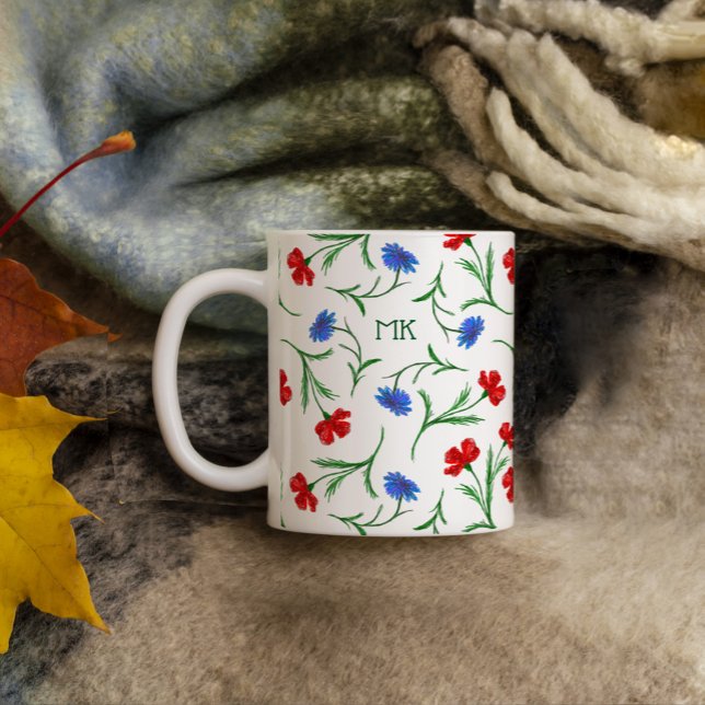 Poppy & Cornflower, Red Blue White Floral Monogram Coffee Mug (Creator Uploaded)