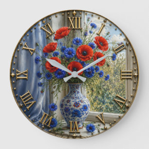 Poppy & Cornflower Vintage Blue Floral Vase Art Large Clock