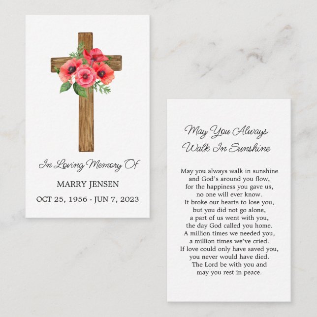 Poppy Cross Memorial Funeral Prayer Card (Front/Back)