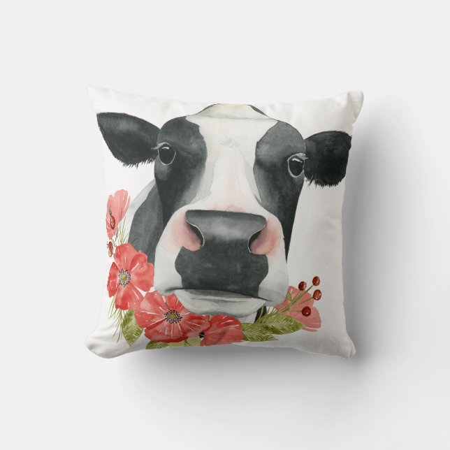 Poppy Farm - Cow with Flowers Cushion (Front)