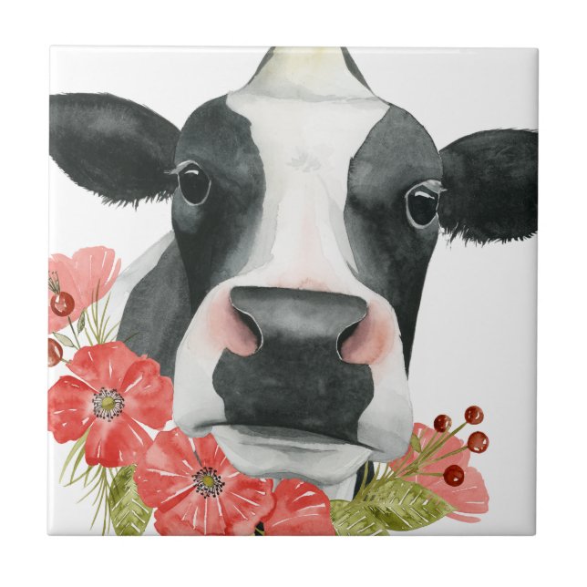 Poppy Farm - Cow with Flowers Tile (Front)