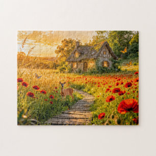 Poppy Field Cottage with Wooden Path Jigsaw Puzzle