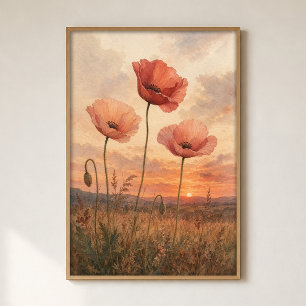Poppy Field Dusk Watercolour Cottagecore Poster