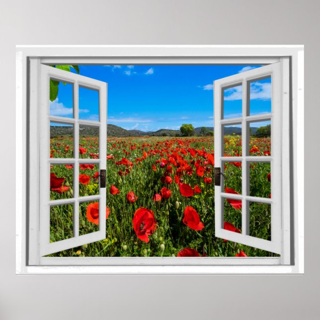 Poppy Field Faux Window View Poster (Front)