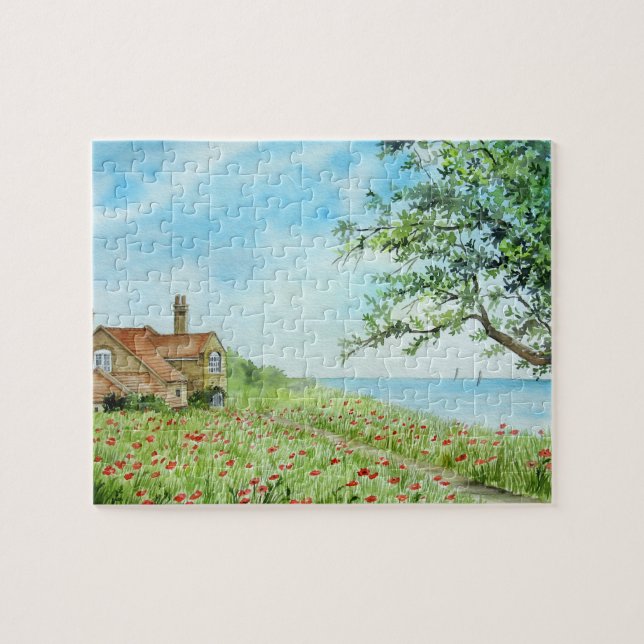 Poppy Field Landscape Watercolor Painting Jigsaw Puzzle (Horizontal)