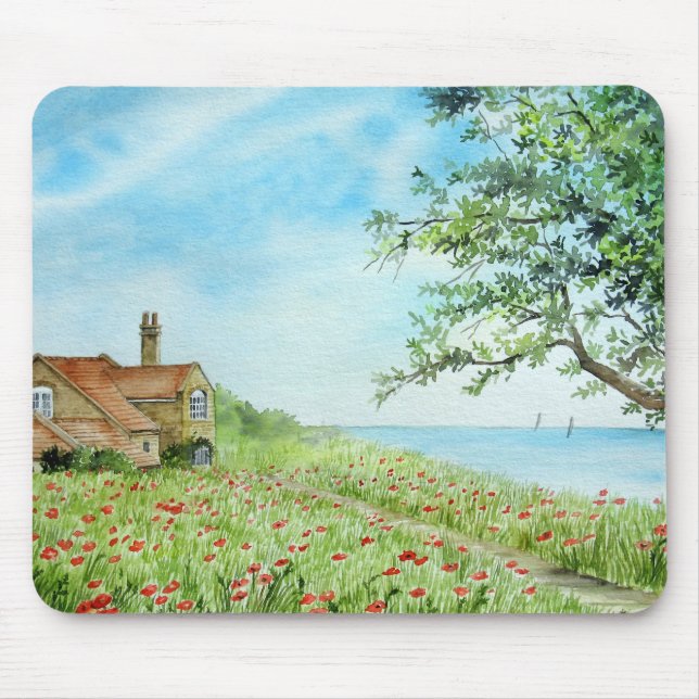 Poppy Field Landscape Watercolor Painting Mouse Pad (Front)