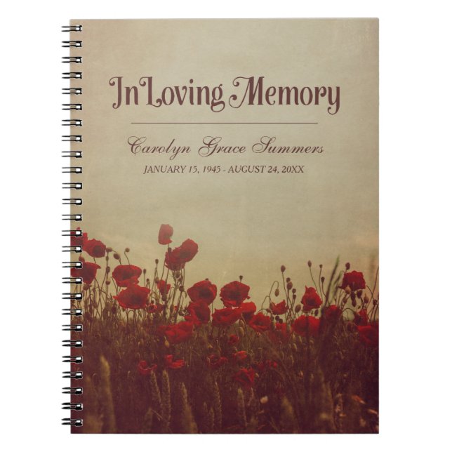 Poppy Field Rustic In Loving Memory Guestbook Spiral Notebook (Front)