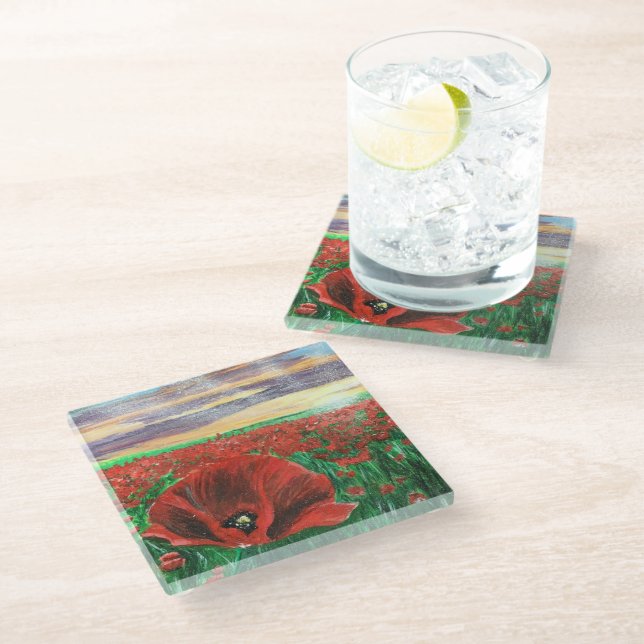 Poppy Field SF Glass Coasters (Angled)
