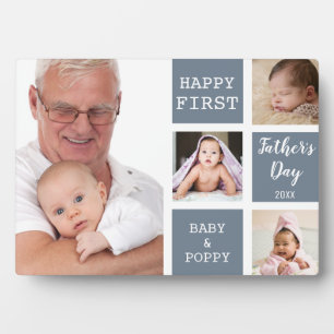 Poppy First Father's Day 4 Photo Collage Grey Plaque
