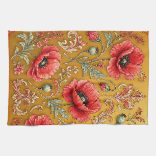 Poppy fleur golden design tea towel