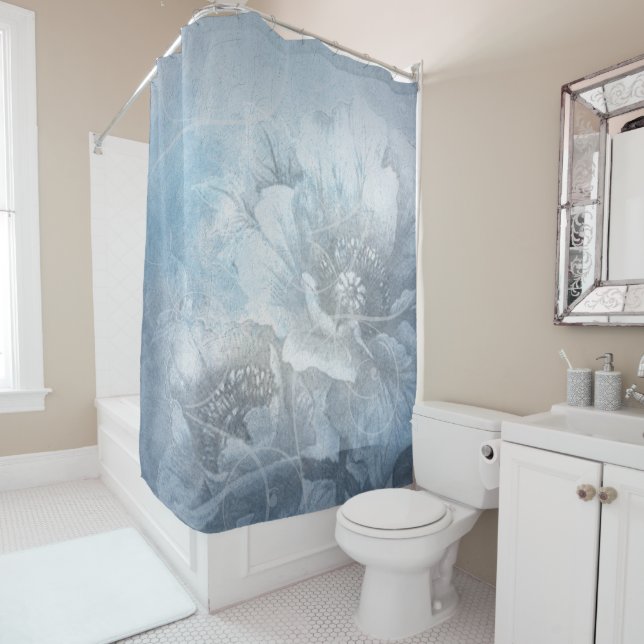 Poppy Floral | Gorgeous Blue Dusty Hued Flower Shower Curtain (In Situ)