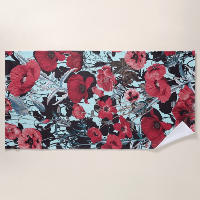 Poppy Floral Pattern Beach Towel (Front)