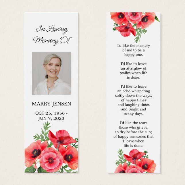 Poppy Floral Photo Funeral Memorial Bookmark (Front & Back)