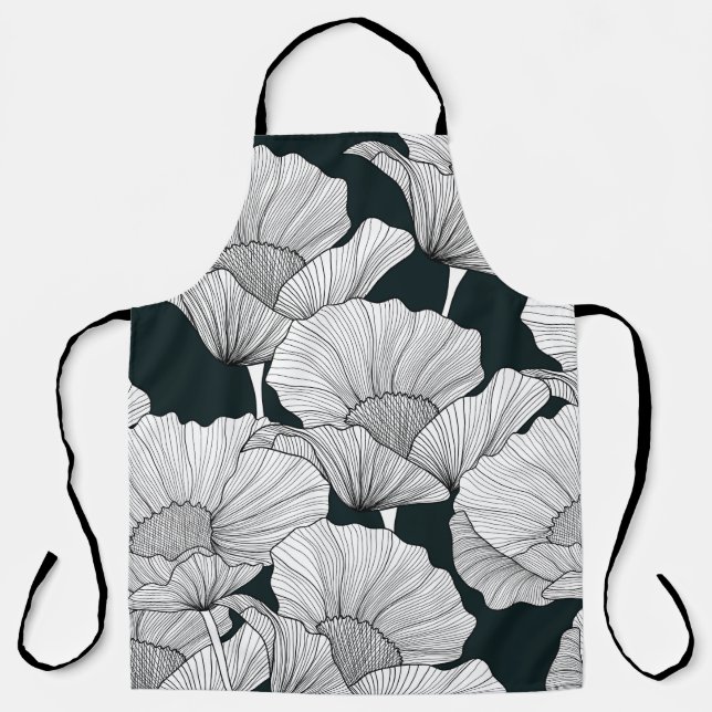 Poppy Flower, Black White Line. Apron (Front)