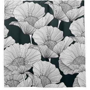 Poppy Flower, Black White Line. Shower Curtain