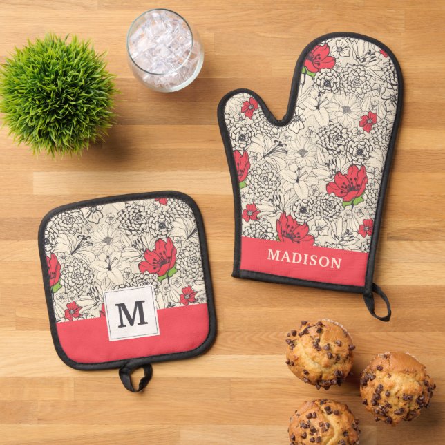Poppy Flower Garden Pattern Oven Mitt & Pot Holder Set (Top Down)